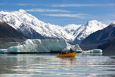 Boat tour with icebergs, Tasman Lake, Mount Cook National Park, UNESCO World Heritage Site, Canterbury region, South Island, New Zealand, Pacific