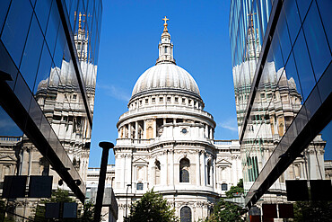 Dome of St. Paul's Cathedral reflected in office windows, London, England, United Kingdom, Europe