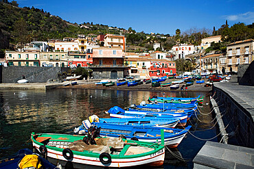 View over fishing harbour, Santa Maria La Scala, Sicily, Italy, Mediterranean, Europe