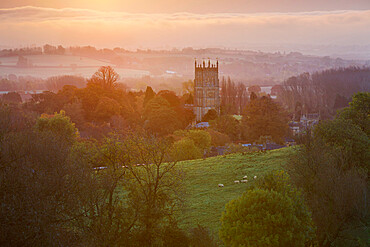 Cotswold countryside and St. James Church at dawn, Chipping Campden, Cotswolds, Gloucestershire, England, United Kingdom, Europe