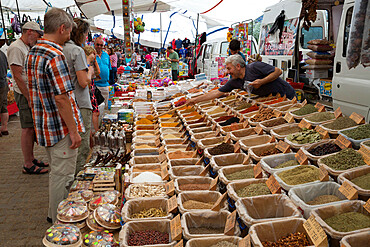 Spice stall at the Thursday Market, Kalkan, Lycia, Antalya Province, Mediterranean Coast, Southwest Turkey, Turkey, Asia Minor, Eurasia