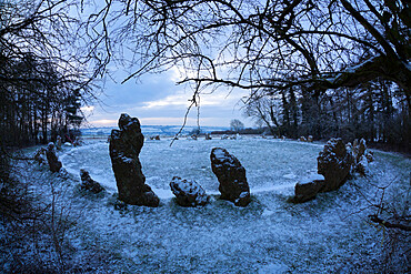 The King's Men in snow, The Rollright Stones, near Chipping Norton, Cotswolds, Oxfordshire, England, United Kingdom, Europe