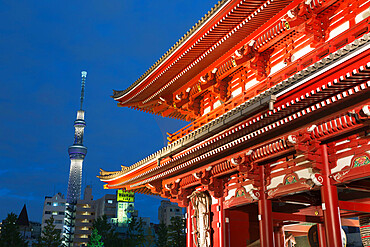 Senso-ji temple and Skytree Tower at night, Asakusa, Tokyo, Japan, Asia