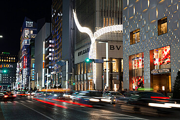 Exclusive designer shops at night, Ginza area, Chuo, Tokyo, Japan, Asia