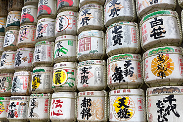 Barrels of Sake wrapped in straw at the Meiji Jingu, Tokyo, Japan, Asia