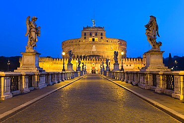 Ponte Sant'Angelo with 16th century statues and the Castel Sant'Angelo at night, Rome, Lazio, Italy, Europe