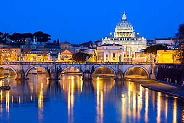 St. Peter's Basilica, the River Tiber and Ponte Sant'Angelo at night, Rome, Lazio, Italy, Europe