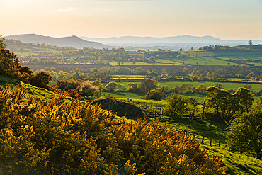 Cotswold landscape with view to Malvern Hills, near Winchcombe, Cotswolds, Gloucestershire, England, United Kingdom, Europe