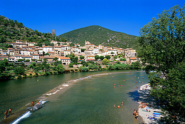 Village on the Orb River, Roquebrun, Herault department, Languedoc-Roussillon, France, Europe