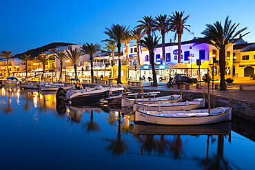 Restaurants at night along the harbour, Fornells, Menorca, Balearic Islands, Spain, Mediterranean, Europe