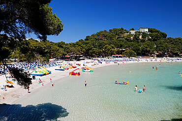 View over beach, Cala Galdana, Menorca, Balearic Islands, Spain, Mediterranean, Europe