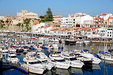 View over harbour and Ayuntamiento de Ciutadella, Ciutadella, Menorca, Balearic Islands, Spain, Mediterranean, Europe