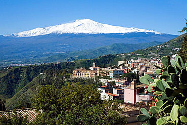 View over Taormina and Mount Etna, Taormina, Sicily, Italy, Europe