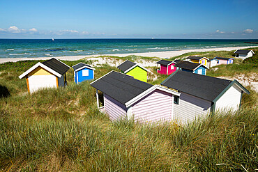 Colourful beach huts in sand dunes, Skanor Falsterbo, Falsterbo Peninsula, Skane, South Sweden, Sweden, Scandinavia, Europe