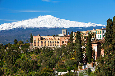 View over Taormina and Mount Etna with Hotel San Domenico Palace, Taormina, Sicily, Italy, Europe