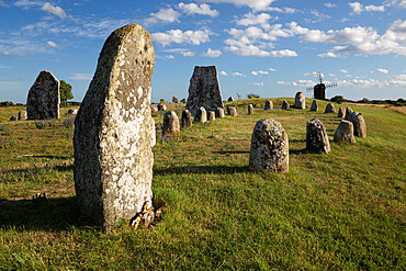 Viking stone ship burial ground of Gettlinge and windmill, Gettlinge, Oland, Southeast Sweden, Sweden, Scandinavia, Europe