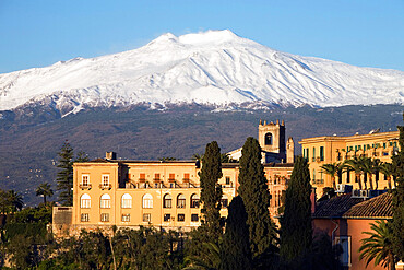 View over Taormina and Mount Etna with Hotel San Domenico Palace, Taormina, Sicily, Italy, Europe