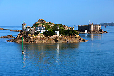 Lighthouse on Ile Louet and Chateau du Taureau in Morlaix Bay, Carantec, Finistere, Brittany, France, Europe