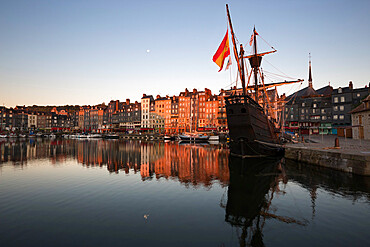 Vieux Bassin looking to Saint Catherine Quay with replica galleon at dawn, Honfleur, Normandy, France, Europe