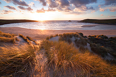 Ribbed sand and sand dunes at sunset, Crantock Beach, Crantock, near Newquay, Cornwall, England, United Kingdom, Europe