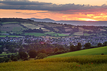 Sunset over Winchcombe and Malvern Hills in distance, Winchcombe, Cotswolds, Gloucestershire, England, United Kingdom, Europe