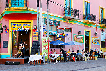 Colourfully painted Estacion Caminito cafe with Tango display in La Boca district, Buenos Aires, Argentina, South America