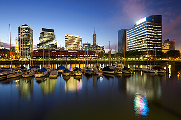 City skyline from marina of Puerto Madero at night, San Telmo, Buenos Aires, Argentina, South America