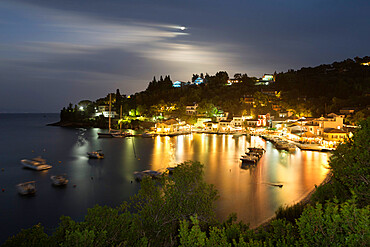 View over harbour at night, Loggos, Paxos, Ionian Islands, Greek Islands, Greece, Europe