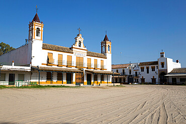 Sand streets and brotherhood houses, El Rocio, Huelva Province, Andalucia, Spain, Europe