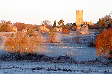 St. James' Church and town on frosty morning, Chipping Campden, Cotswolds, Gloucestershire, England, United Kingdom, Europe