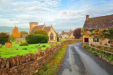 St. Barnabas church and Cotswold village in autumn, Snowshill, Cotswolds, Gloucestershire, England, United Kingdom, Europe