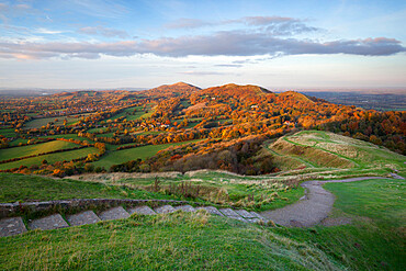 Iron-age British Camp hill fort and the Malvern Hills in autumn, Great Malvern, Worcestershire, England, United Kingdom, Europe