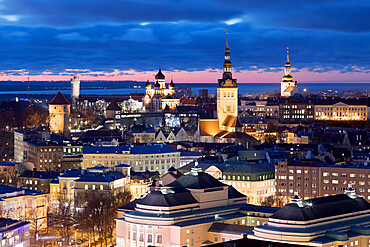 View over the Old Town, UNESCO World Heritage Site, at dusk, Tallinn, Estonia, Europe