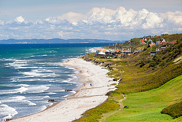 View over Rageleje Strand beach with Swedish coastline in distance, Rageleje, Kattegat Coast, Zealand, Denmark, Scandinavia, Europe