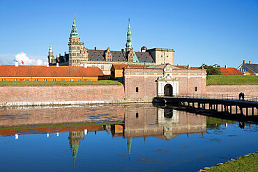 View over moat to entrance gate of Kronborg Castle used as setting for Shakespeare's Hamlet, Helsingor, Zealand, Denmark, Scandinavia, Europe