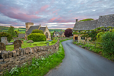 St. Barnabas church and Cotswold stone cottages at dawn, Snowshill, Cotswolds, Gloucestershire, England, United Kingdom, Europe