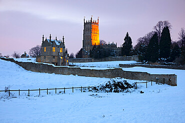 Remains of Old Campden House and St. James' church in snow, Chipping Campden, Cotswolds, Gloucestershire, England, United Kingdom, Europe