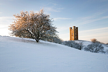 Broadway Tower in winter snow, Broadway, The Cotswolds, Worcestershire, England, United Kingdom, Europe