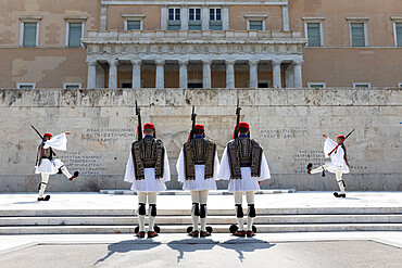 Changing of the Guard at the Tomb of the Unknown Soldier in Syntagma Square, Athens, Greece, Europe