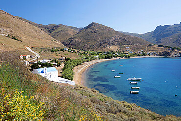 View over Koutalas bay and beach on island's south east coast, Serifos, Cyclades, Aegean Sea, Greek Islands, Greece, Europe