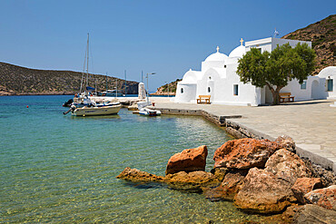 View of harbour and Greek Orthodox church, Vathi, Sifnos, Cyclades, Aegean Sea, Greek Islands, Greece, Europe