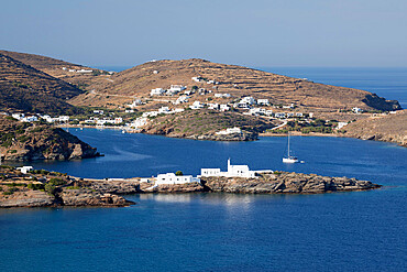 View of Chrisopigi Monastery and Faros on island's south east coast, Sifnos, Cyclades, Aegean Sea, Greek Islands, Greece, Europe