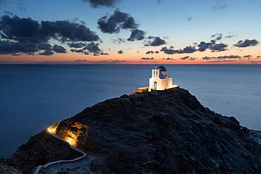 White Greek Orthodox chapel of Eftamartyres on headland at dawn, Kastro, Sifnos, Cyclades, Aegean Sea, Greek Islands, Greece, Europe