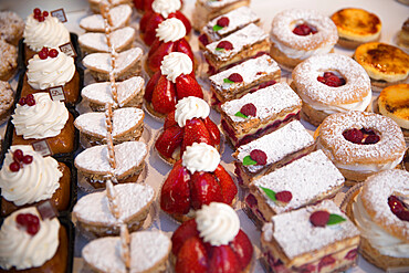 Tasty pastries in window of French patisserie shop, Arras, Pas-de-Calais, Hauts-de-France region, France, Europe