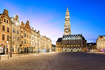 Place des Heros and the Town Hall and belfry floodlit at night, Arras, Pas-de-Calais, Hauts-de-France region, France, Europe