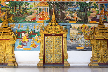 Murals and golden doors at the entrance of the Wat Inpeng Buddhist temple, Rue Samsenthai, Vientiane, Laos, Indochina, Southeast Asia, Asia