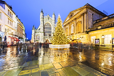 Christmas tree outside the Roman Baths and Bath Abbey, Bath, UNESCO World Heritage Site, Somerset, England, United Kingdom, Europe