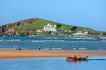 Burgh Island and hotel viewed across Bantham Sand beach at low tide, Bigbury-on-Sea, South Hams district, Devon, England, United Kingdom, Europe