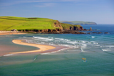 Bantham Sand beach and Long Stone from Bigbury-on-Sea with Bolt Tail in distance, Bigbury-on-Sea, South Hams, Devon, England, United Kingdom, Europe