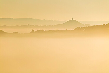 Glastonbury Tor and surrounding hills rising above early morning mist, Glastonbury, Somerset, England, United Kingdom, Europe